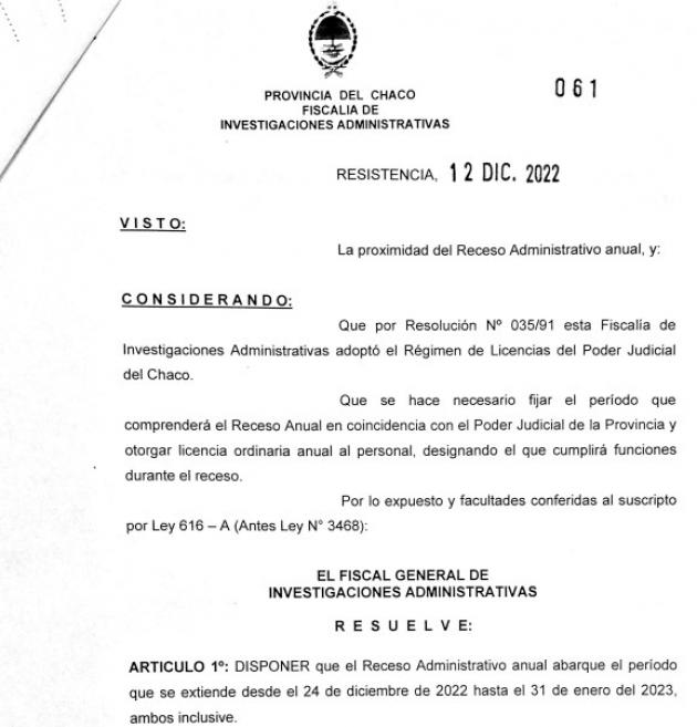 Receso administrativo desde el 24 de diciembre al 31 de enero